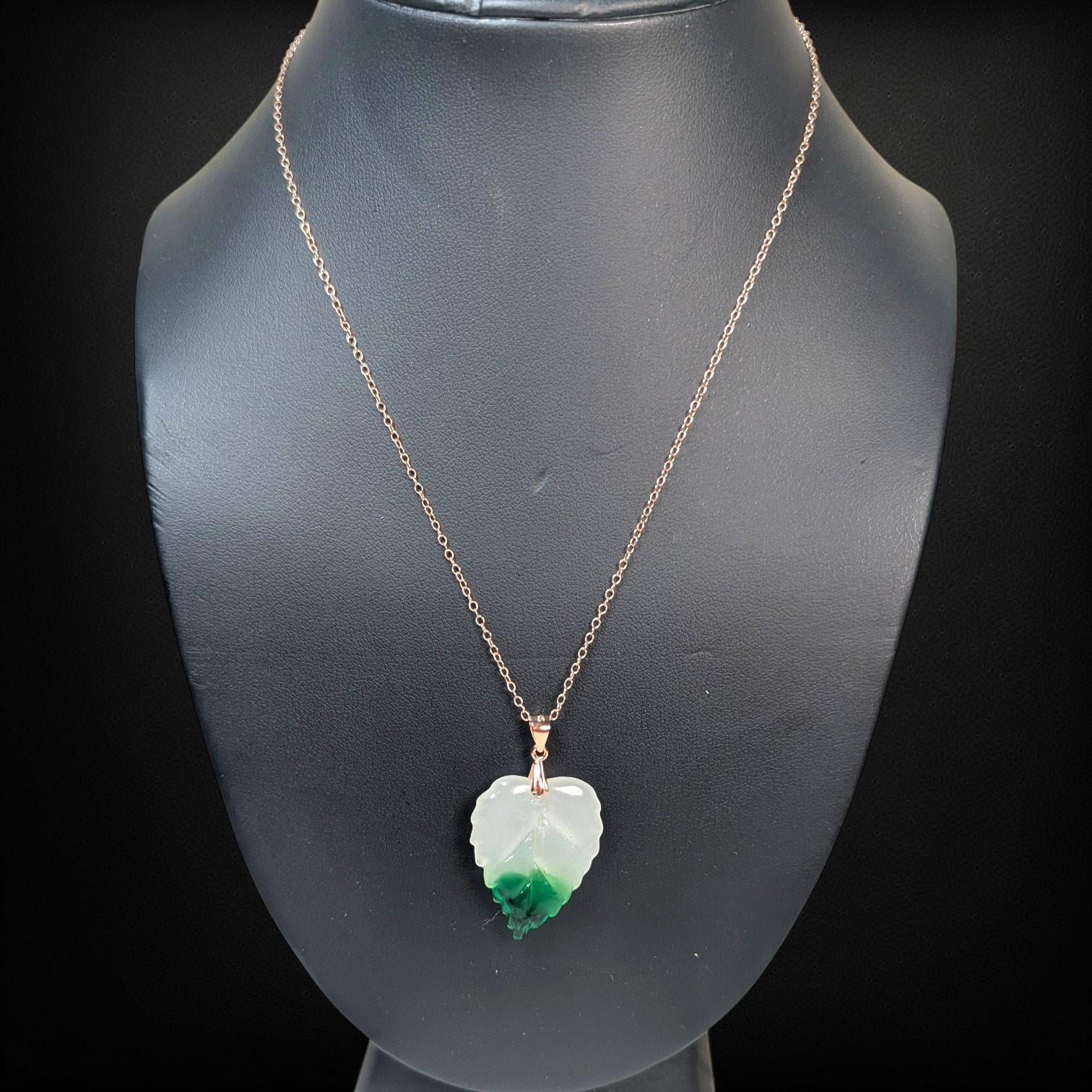 Vintage Peking Glass Leaf Pendant Necklace, Sterling Silver w Rose Gold Vermeil