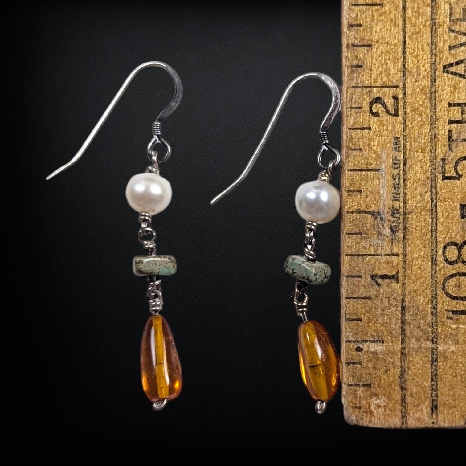 Vintage Amber, Pearl, and Green Turquoise Drop Earrings in Sterling Silver