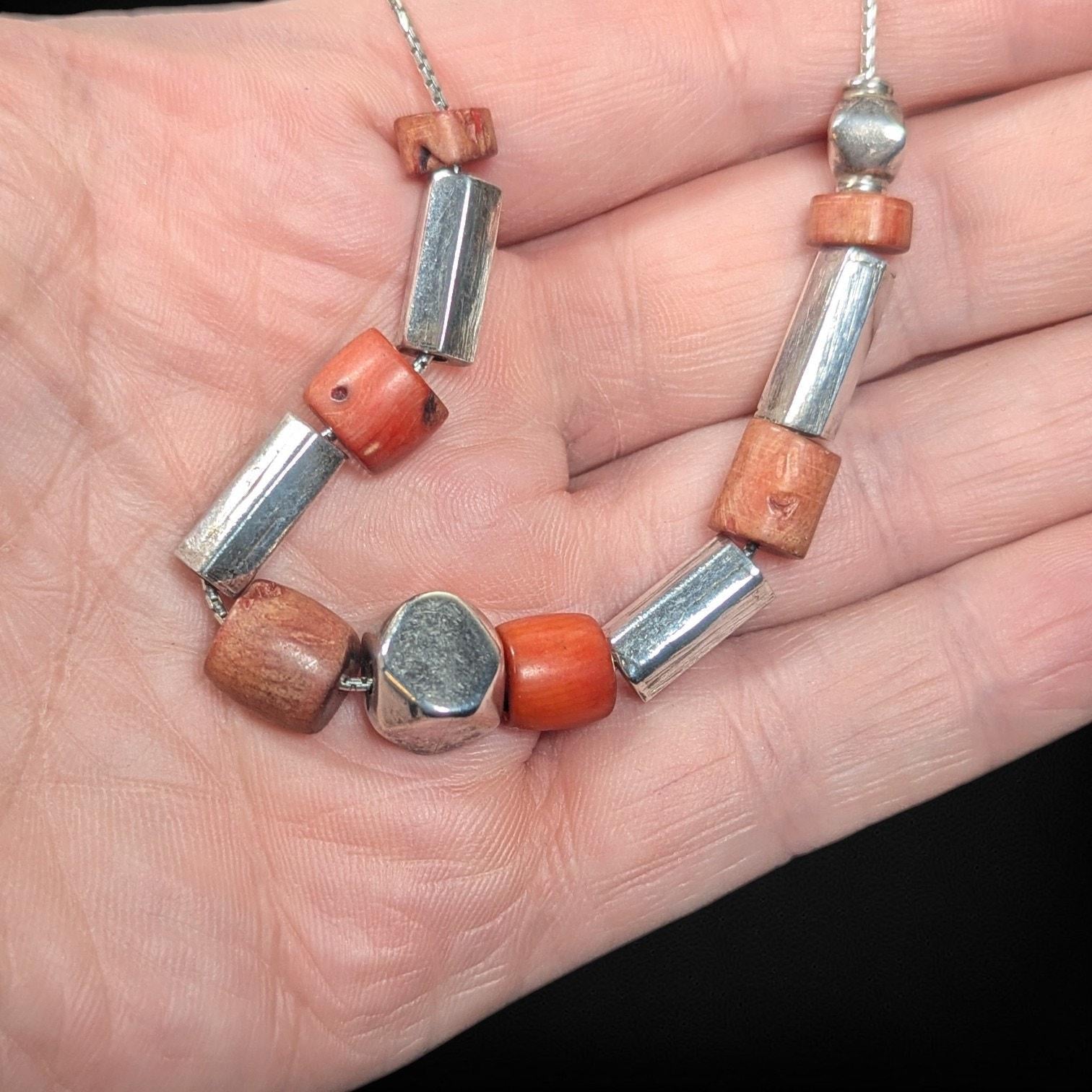 Vintage Sterling Silver & Natural Coral Slide Bead Necklace, 16 Inch