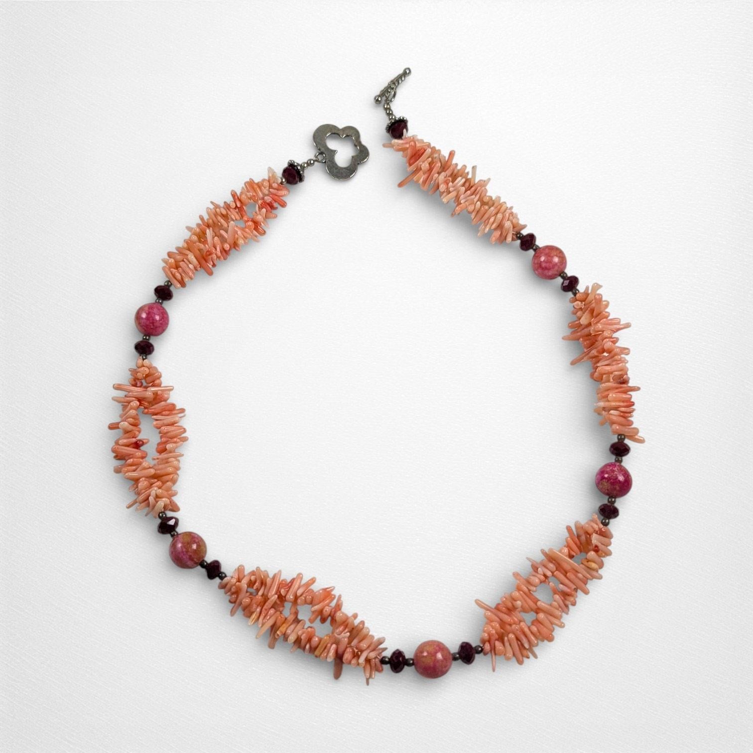 Vintage Coral Branch Necklace with Garnet and Dyed Chalcedony Beads