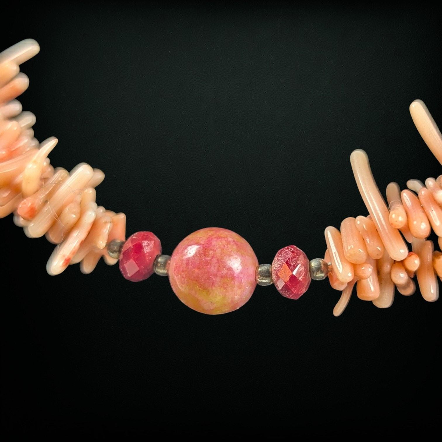 Vintage Coral Branch Necklace with Garnet and Dyed Chalcedony Beads