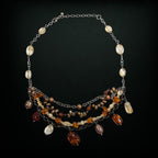 Vintage Sterling Silver Bib Necklace with Baltic Amber, Pearls & Citrine Quartz