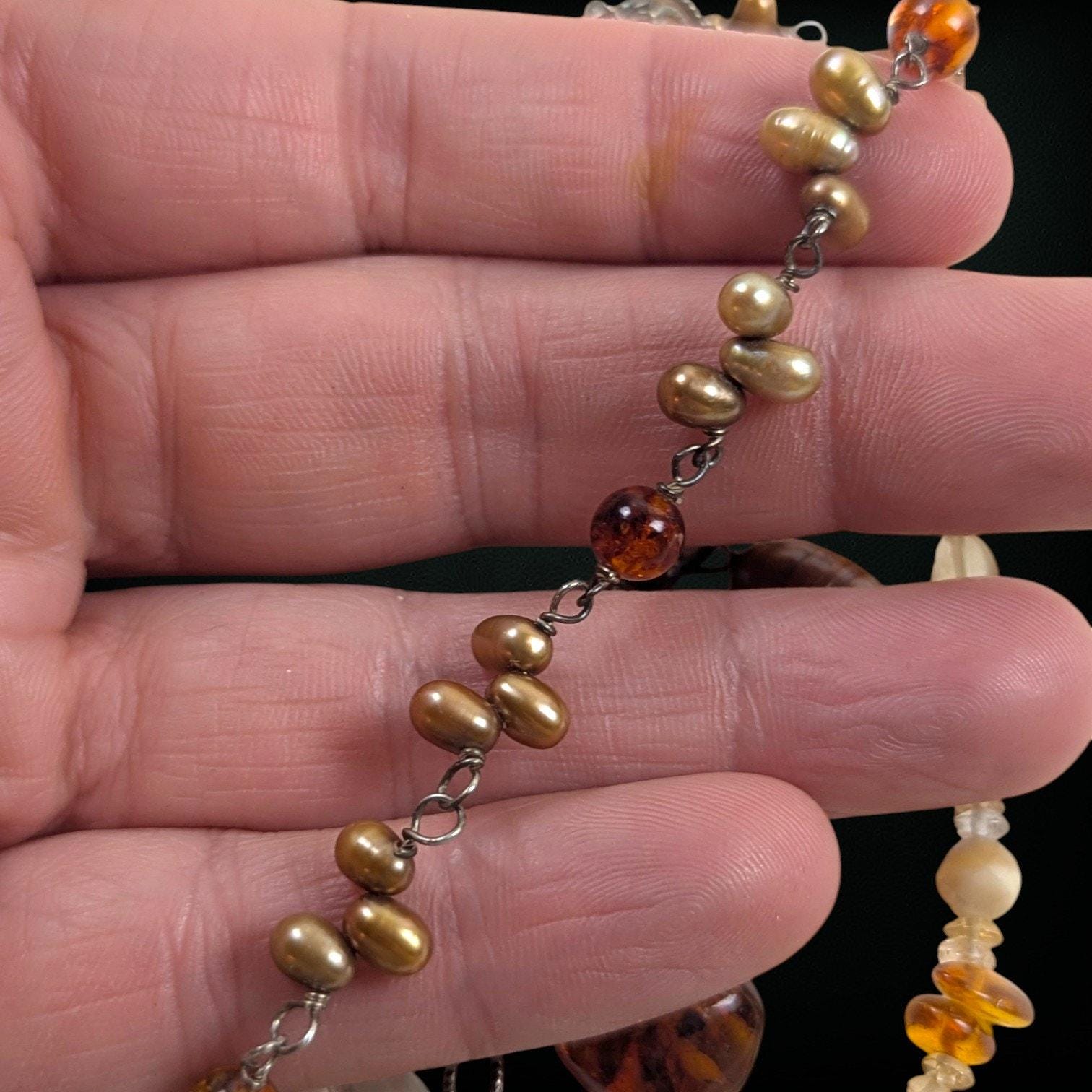 Vintage Sterling Silver Bib Necklace with Baltic Amber, Pearls & Citrine Quartz