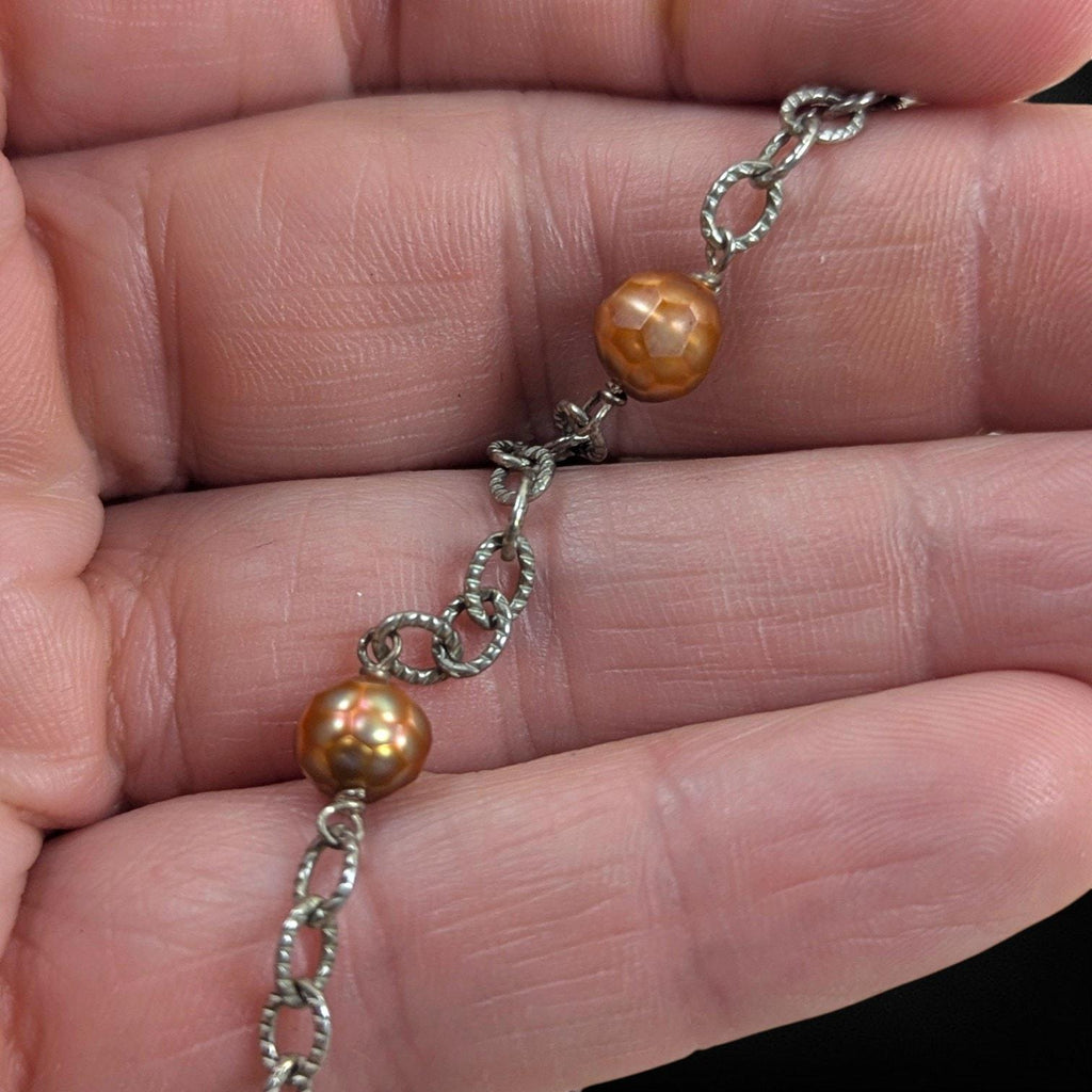 Vintage Sterling Silver Bib Necklace with Baltic Amber, Pearls & Citrine Quartz