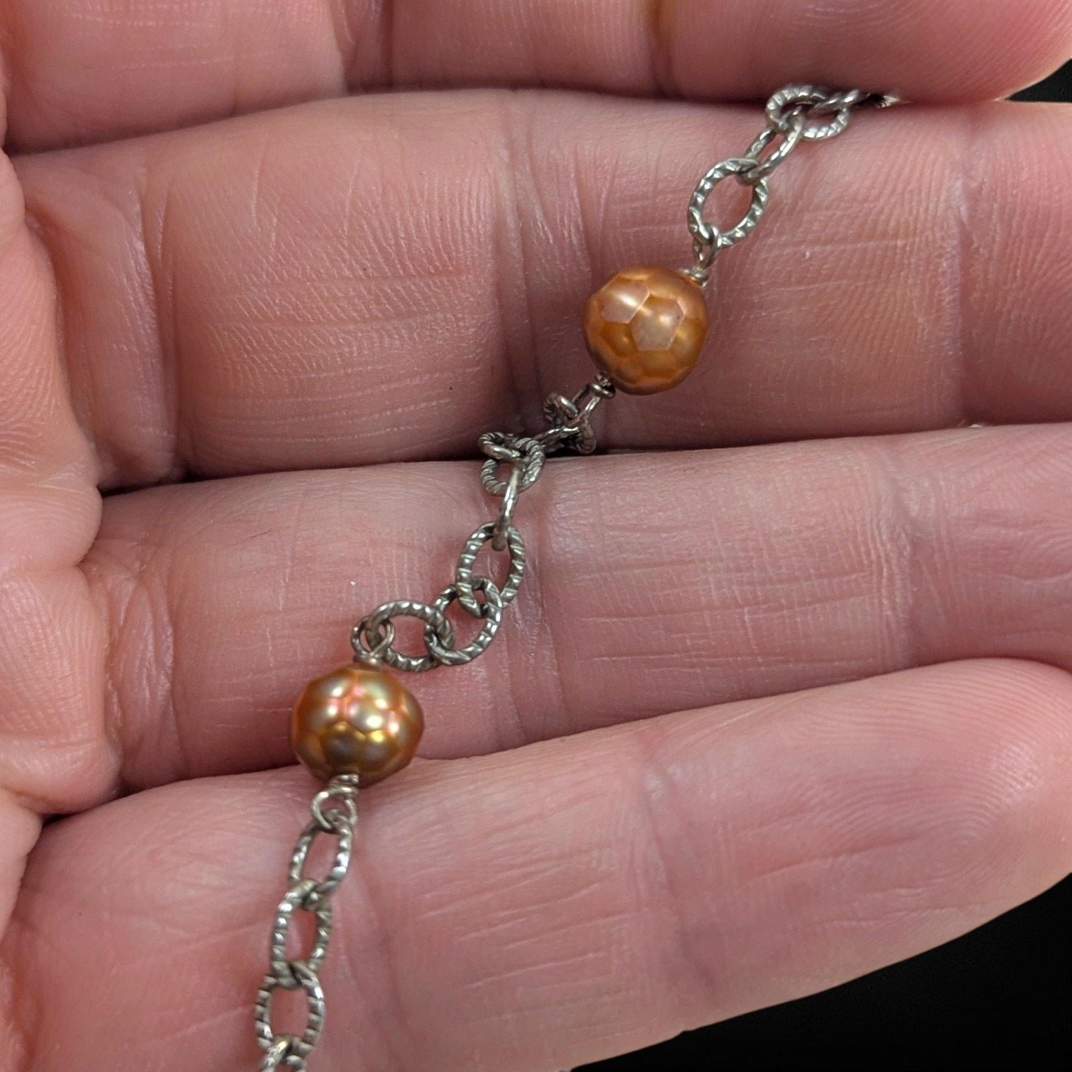 Vintage Sterling Silver Bib Necklace with Baltic Amber, Pearls & Citrine Quartz