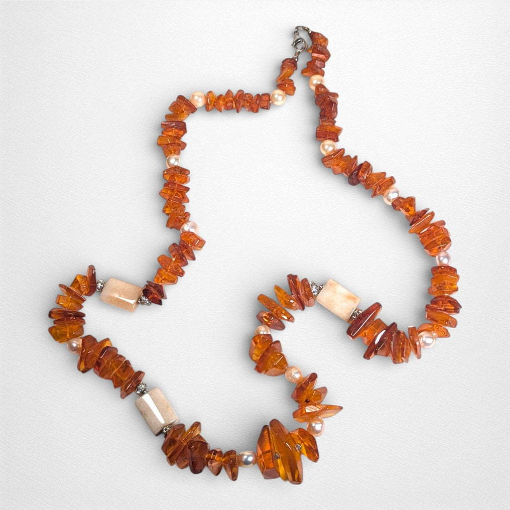 Vintage 34″ Graduated Bead Necklace with Amber, Agate and Freshwater Pearls