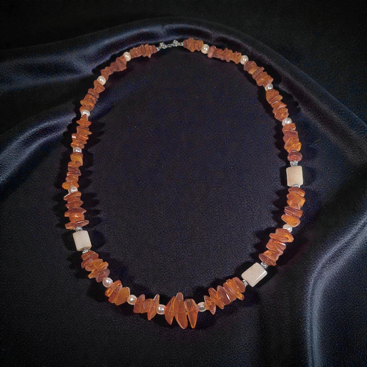 Vintage 34″ Graduated Bead Necklace with Amber, Agate and Freshwater Pearls