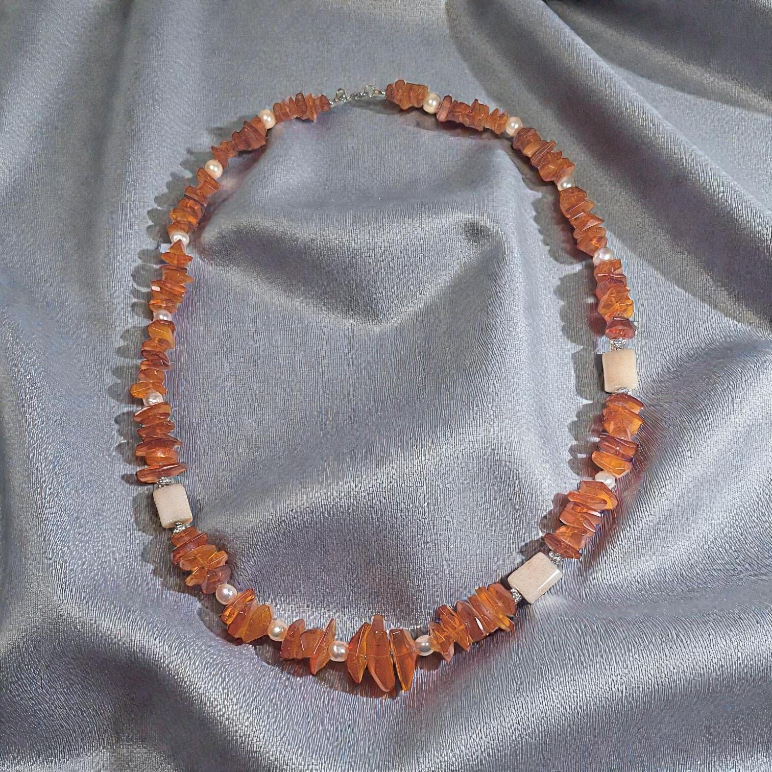 Vintage 34″ Graduated Bead Necklace with Amber, Agate and Freshwater Pearls