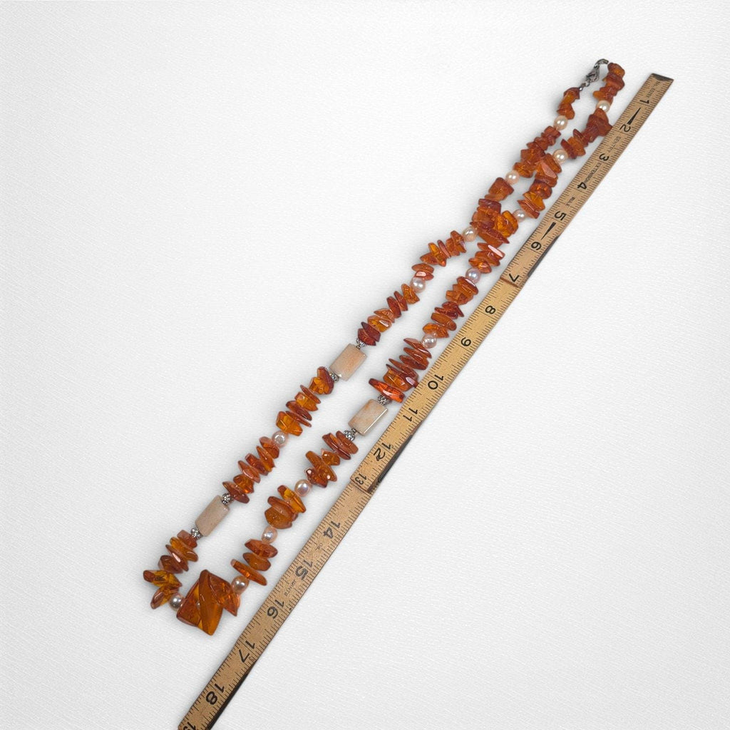 Vintage 34″ Graduated Bead Necklace with Amber, Agate and Freshwater Pearls