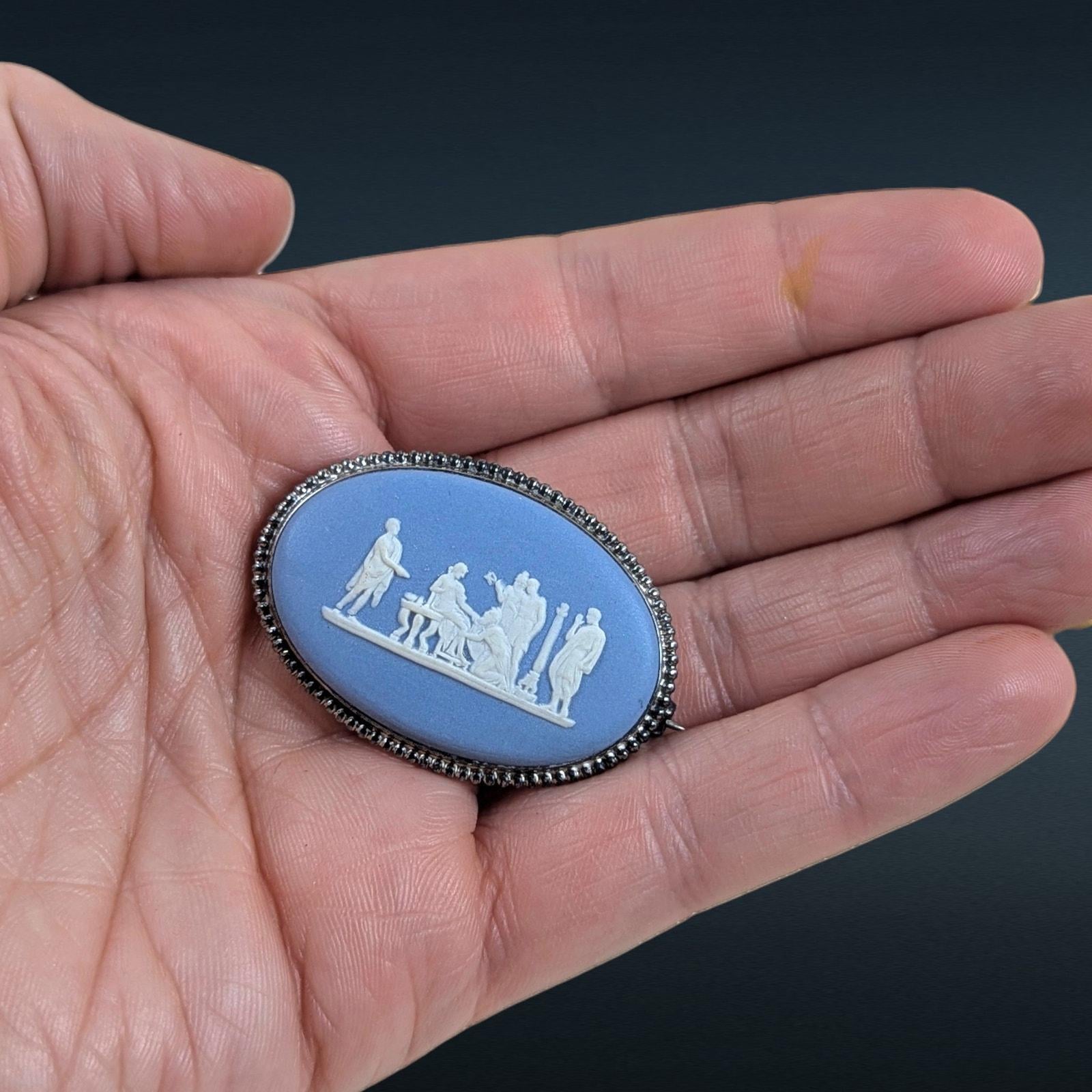 Sterling Silver Wedgwood Blue Jasperware Cameo Brooch, Dated 1969