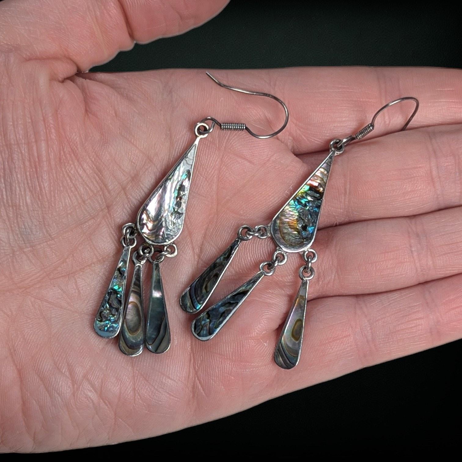Vintage Mexican Sterling Abalone Chandelier Earrings, 925, 3″