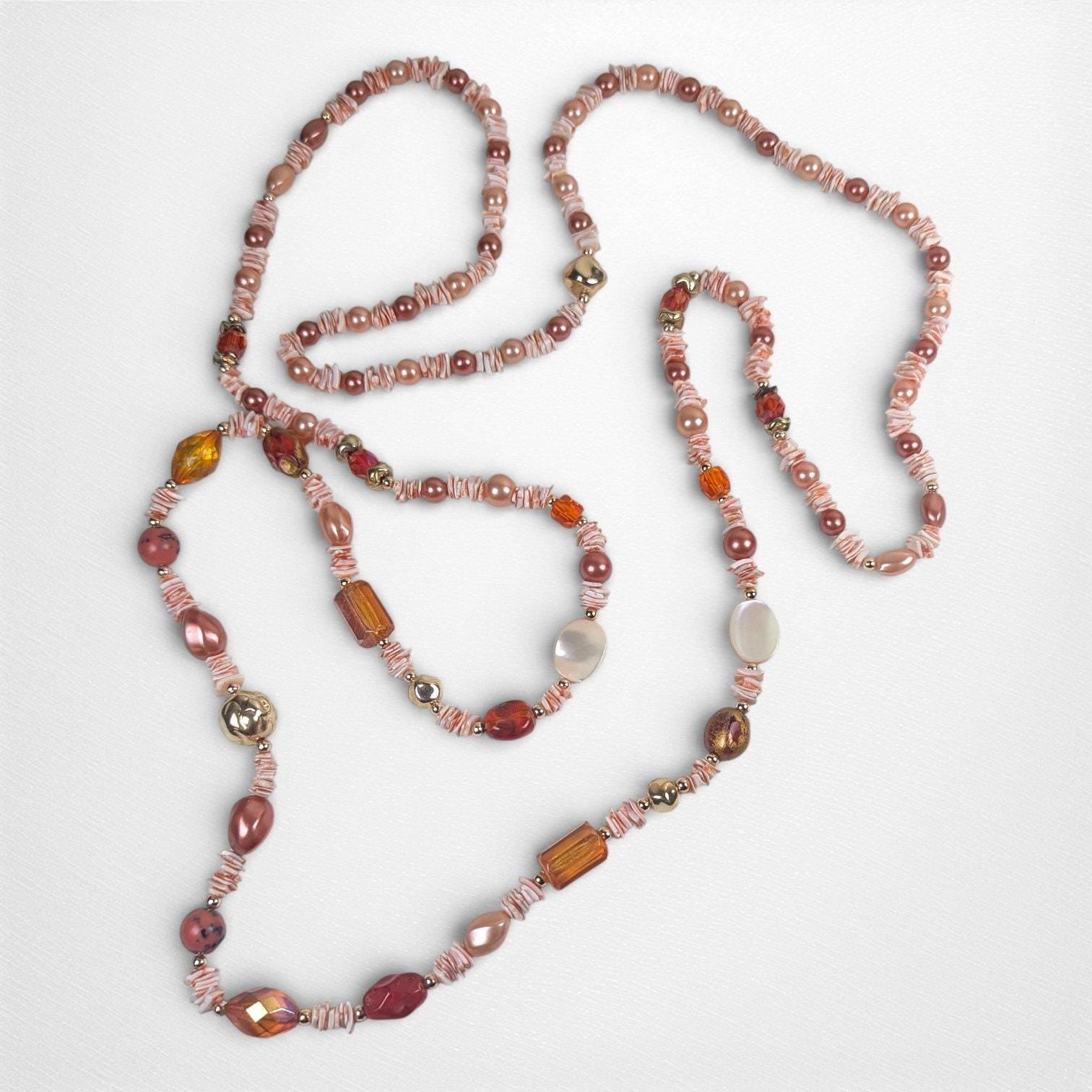 Vintage 60 Inch Dyed Shell Bead Necklace Peach Pink Tones