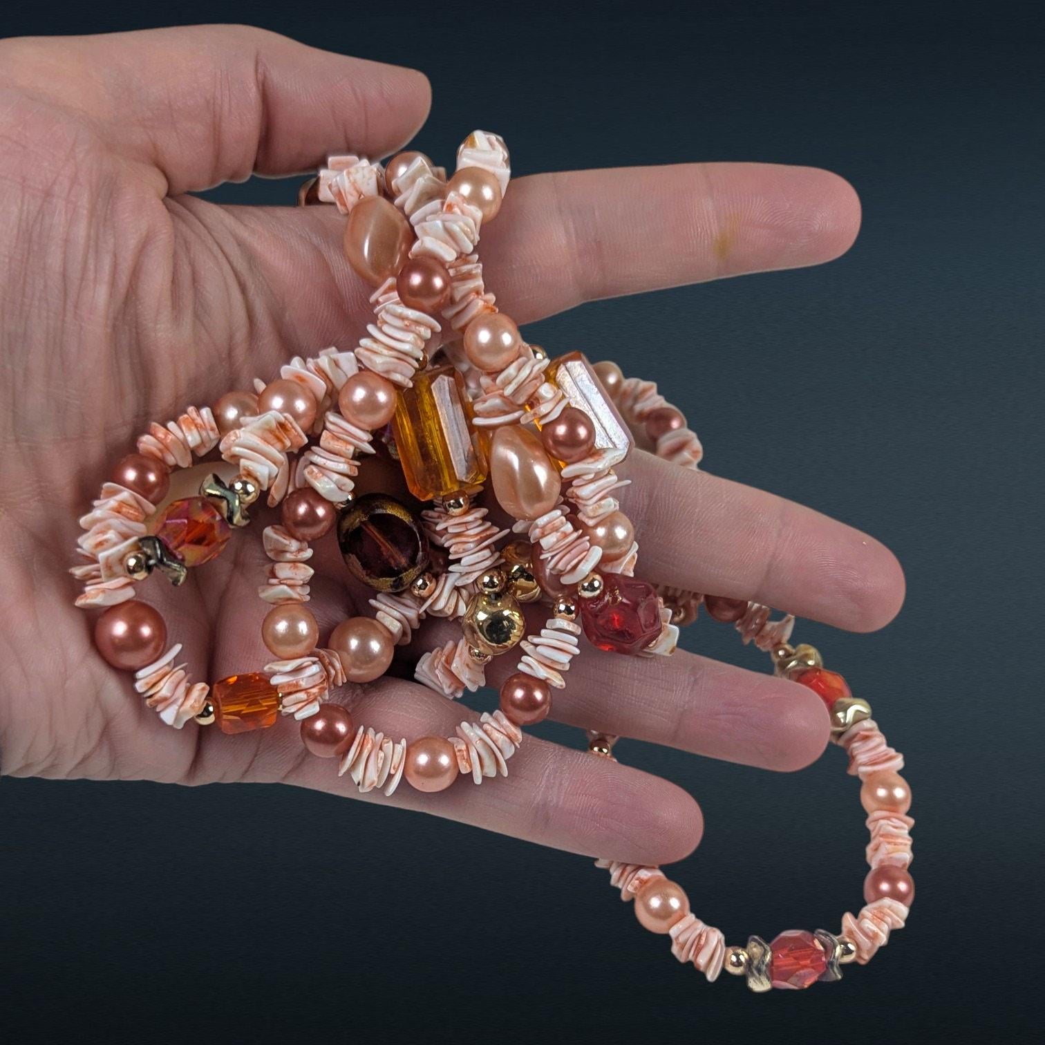 Vintage 60 Inch Dyed Shell Bead Necklace Peach Pink Tones