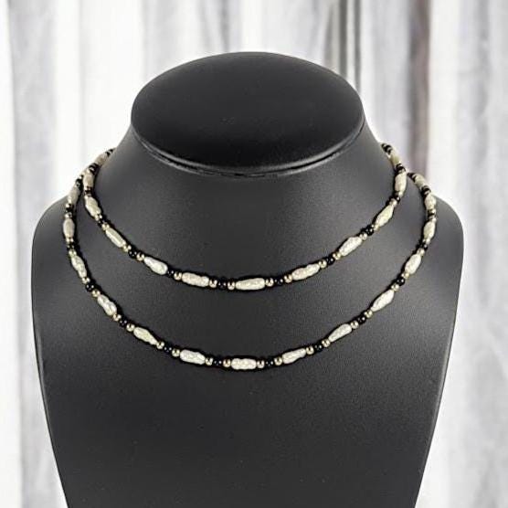 Vintage 30" Pearl, Onyx & 14K Gold Bead Necklace – Elegant Long Strand Jewelry