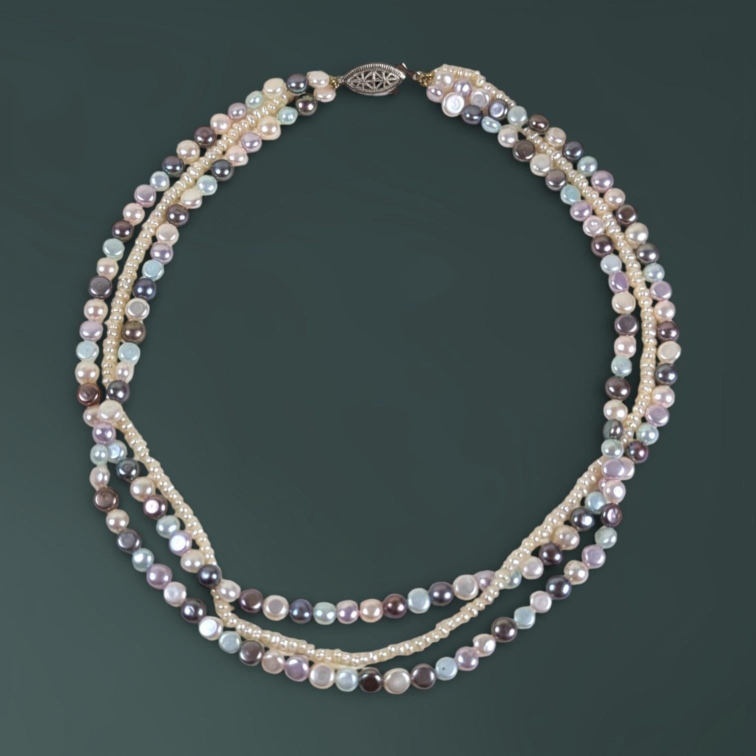 Vintage Three-Strand Pastel Pearl Choker Necklace with Sterling SilverClasp