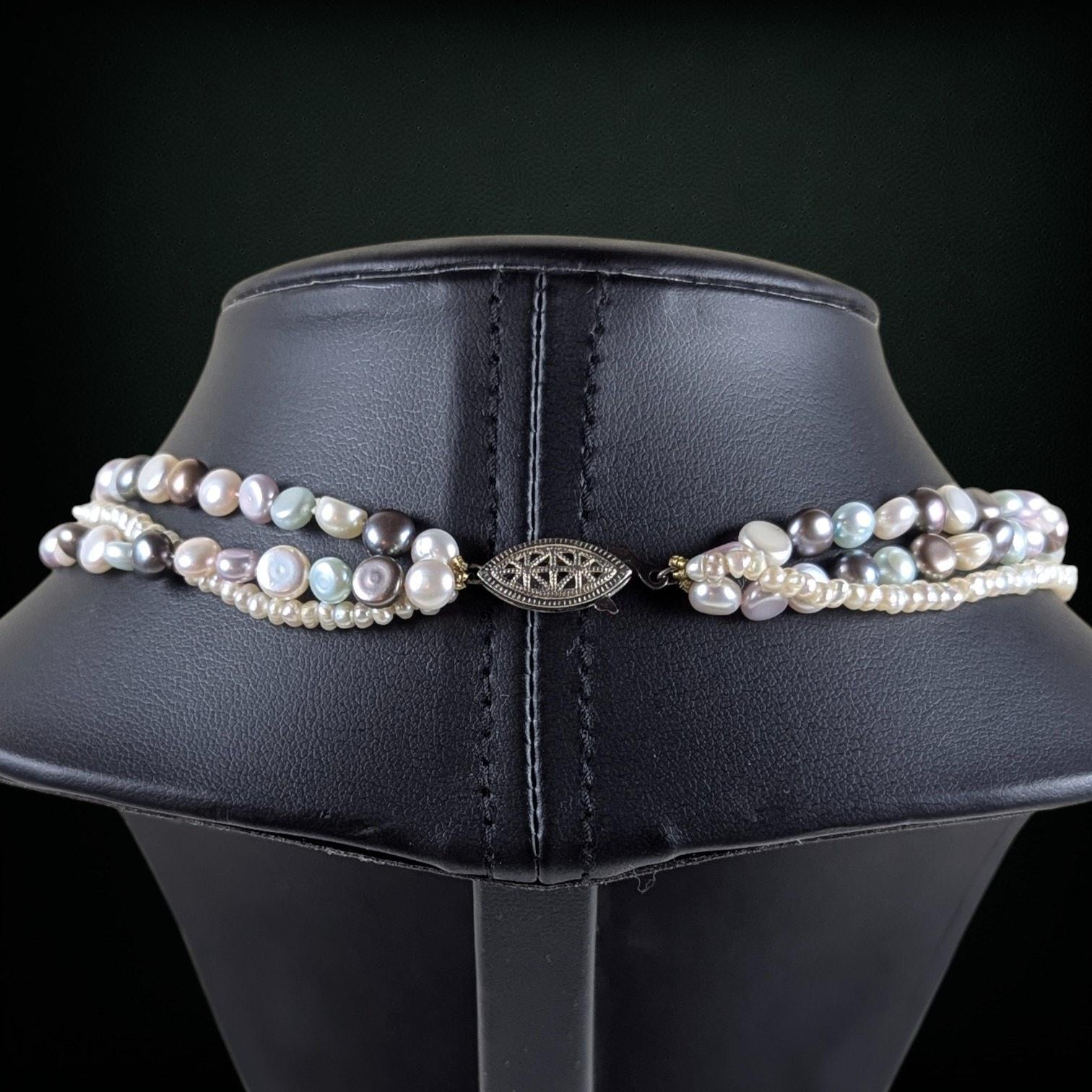 Vintage Three-Strand Pastel Pearl Choker Necklace with Sterling SilverClasp