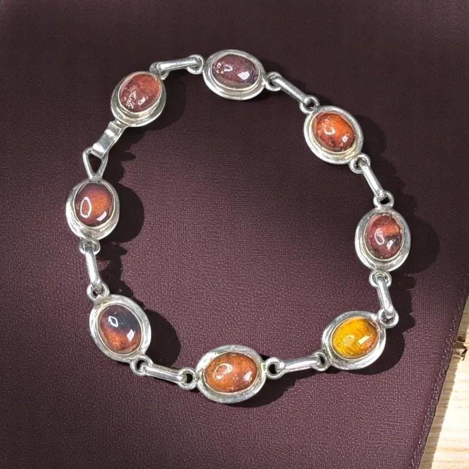 Vintage Baltic Amber Bracelet: Sterling Silver Cognac Honey Cabochons, 7.5"