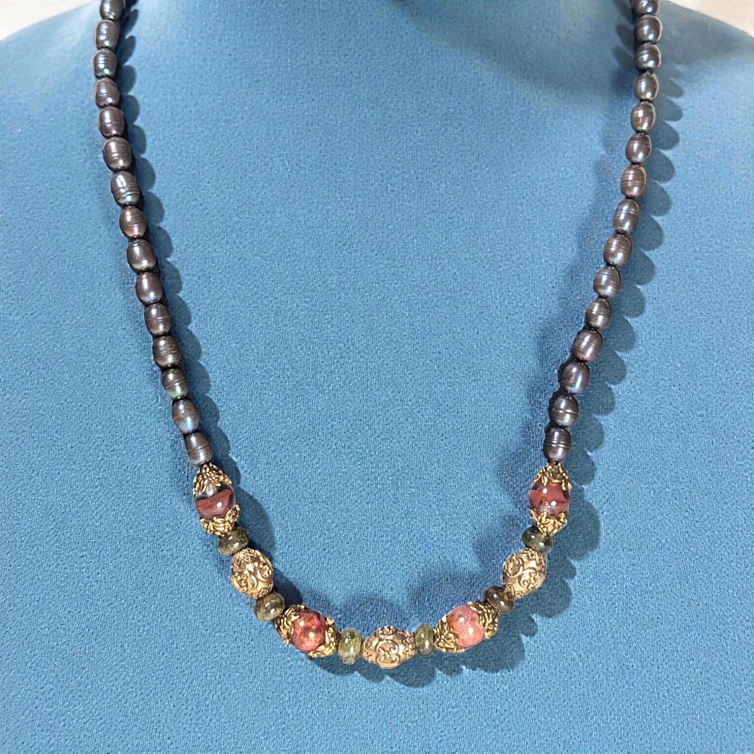 Vintage Agate, Glass, & Pearl Necklace with Cradled Filigree Beads, 14/20 GF