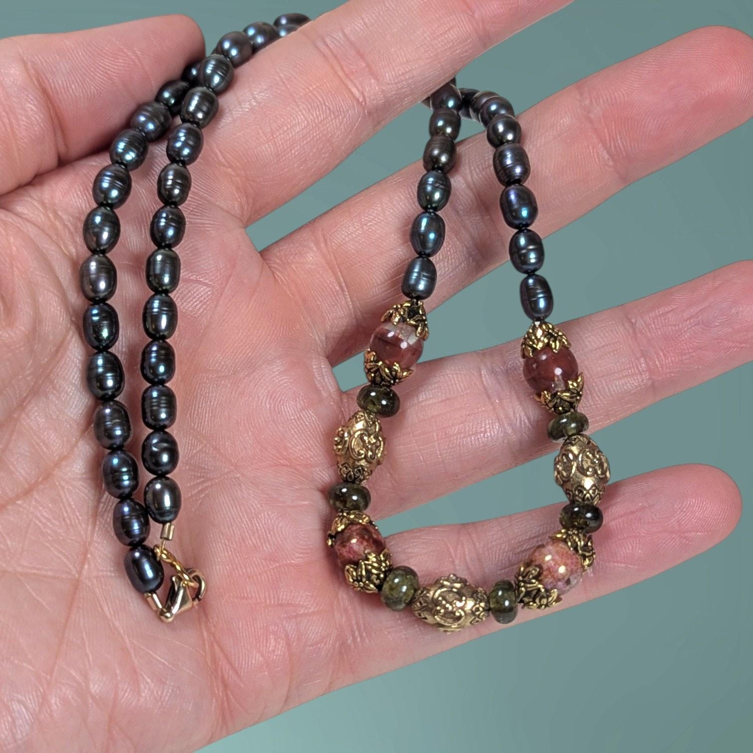 Vintage Agate, Glass, & Pearl Necklace with Cradled Filigree Beads, 14/20 GF