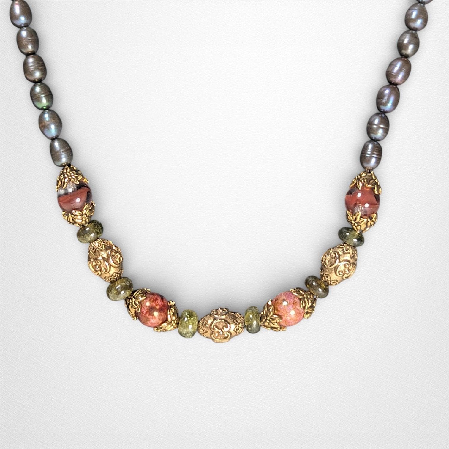 Vintage Agate, Glass, & Pearl Necklace with Cradled Filigree Beads, 14/20 GF