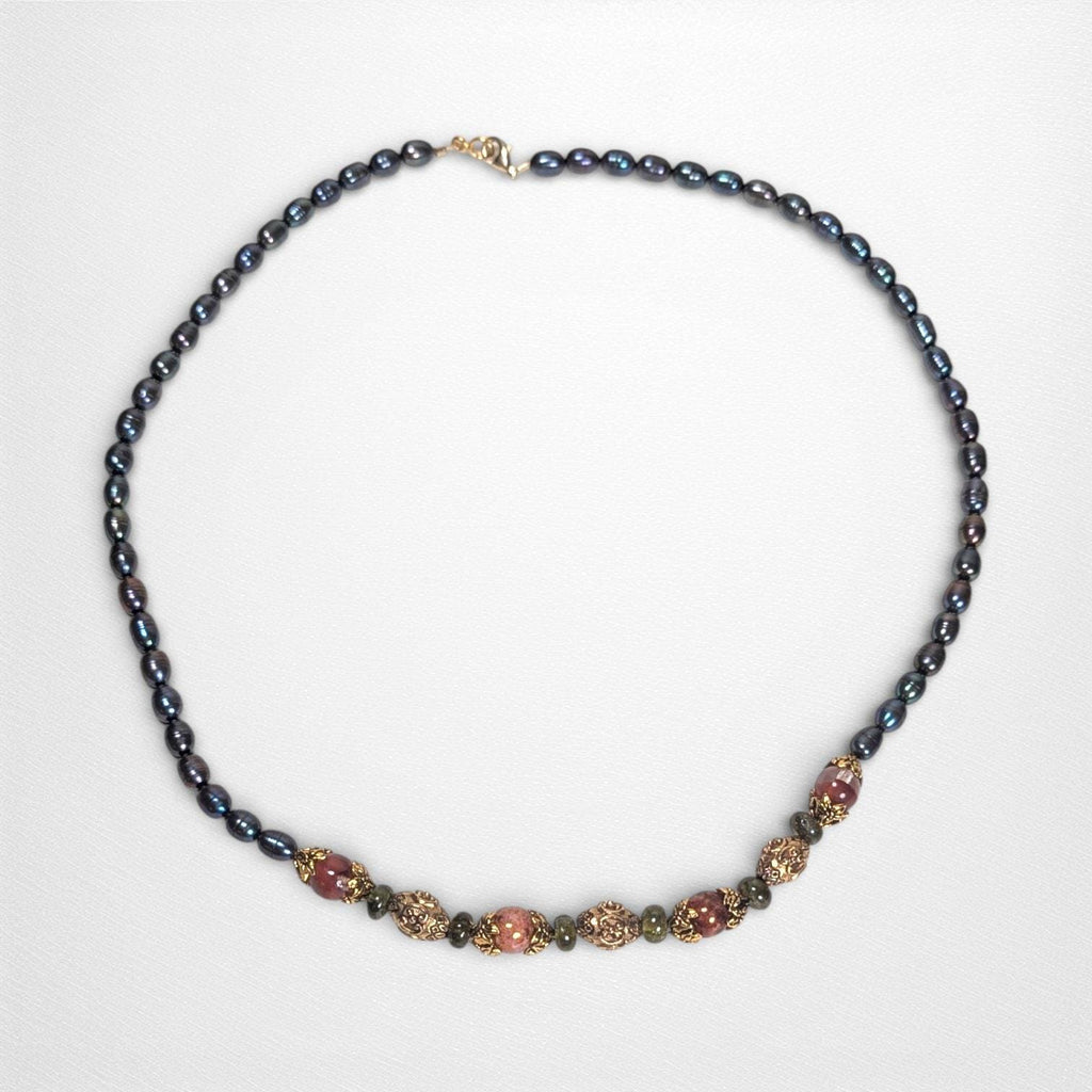 Vintage Agate, Glass, & Pearl Necklace with Cradled Filigree Beads, 14/20 GF