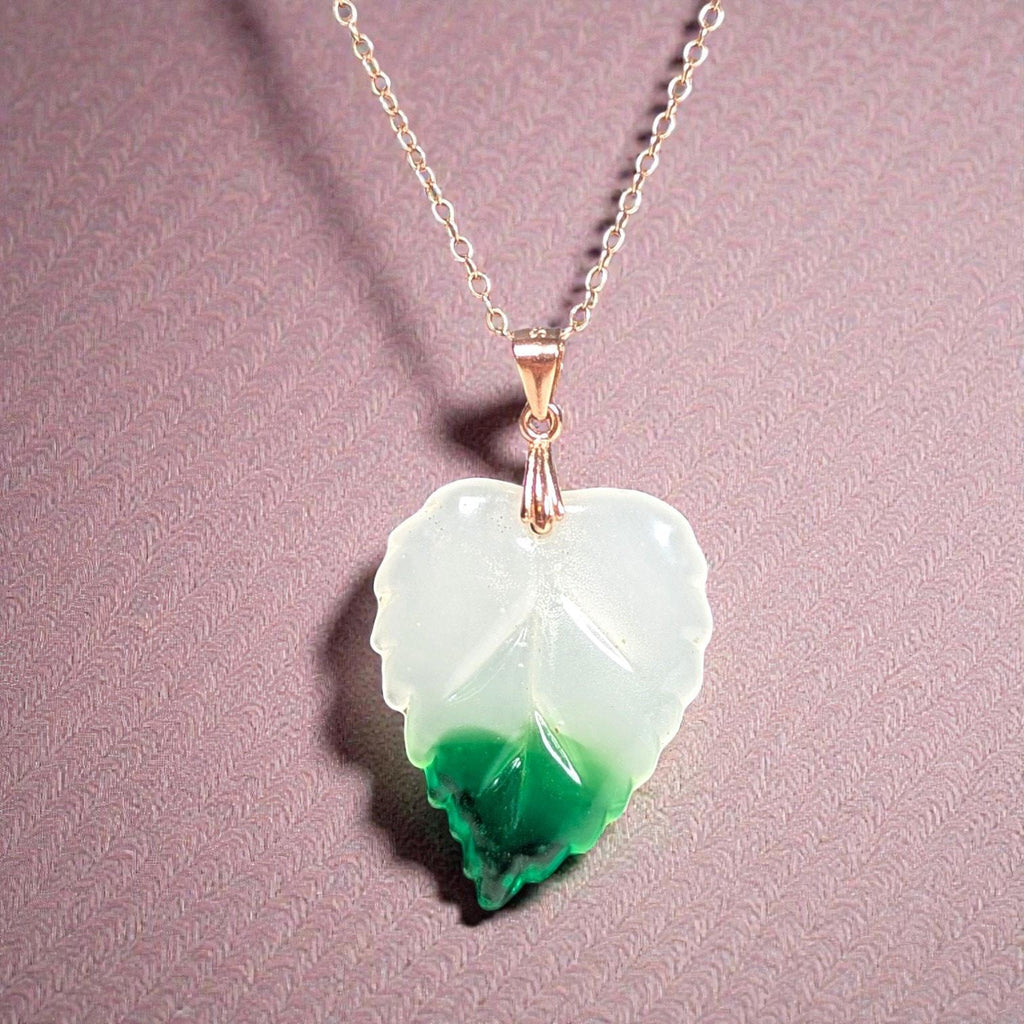 Vintage Peking Glass Leaf Pendant Necklace, Sterling Silver w Rose Gold Vermeil