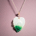 Vintage Peking Glass Leaf Pendant Necklace, Sterling Silver w Rose Gold Vermeil
