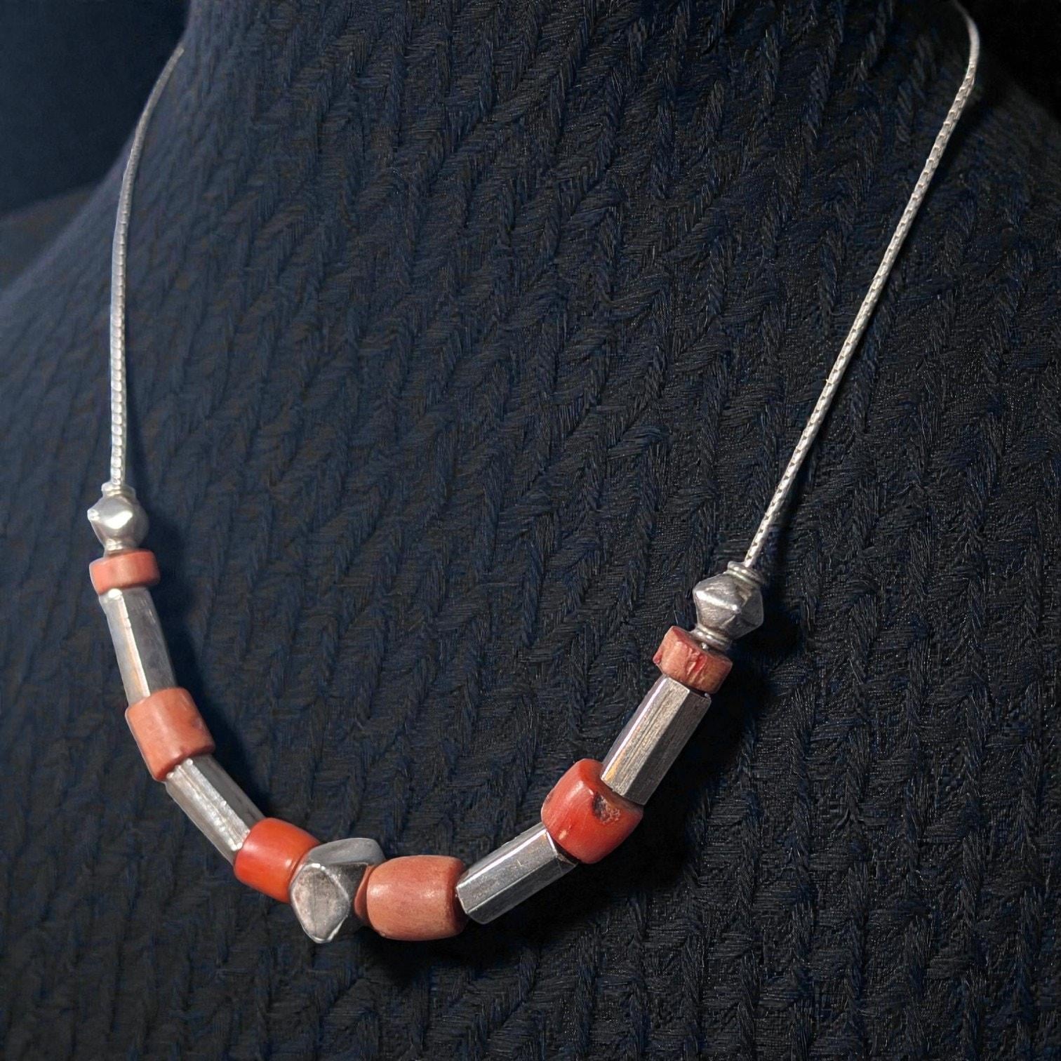 Vintage Sterling Silver & Natural Coral Slide Bead Necklace, 16 Inch