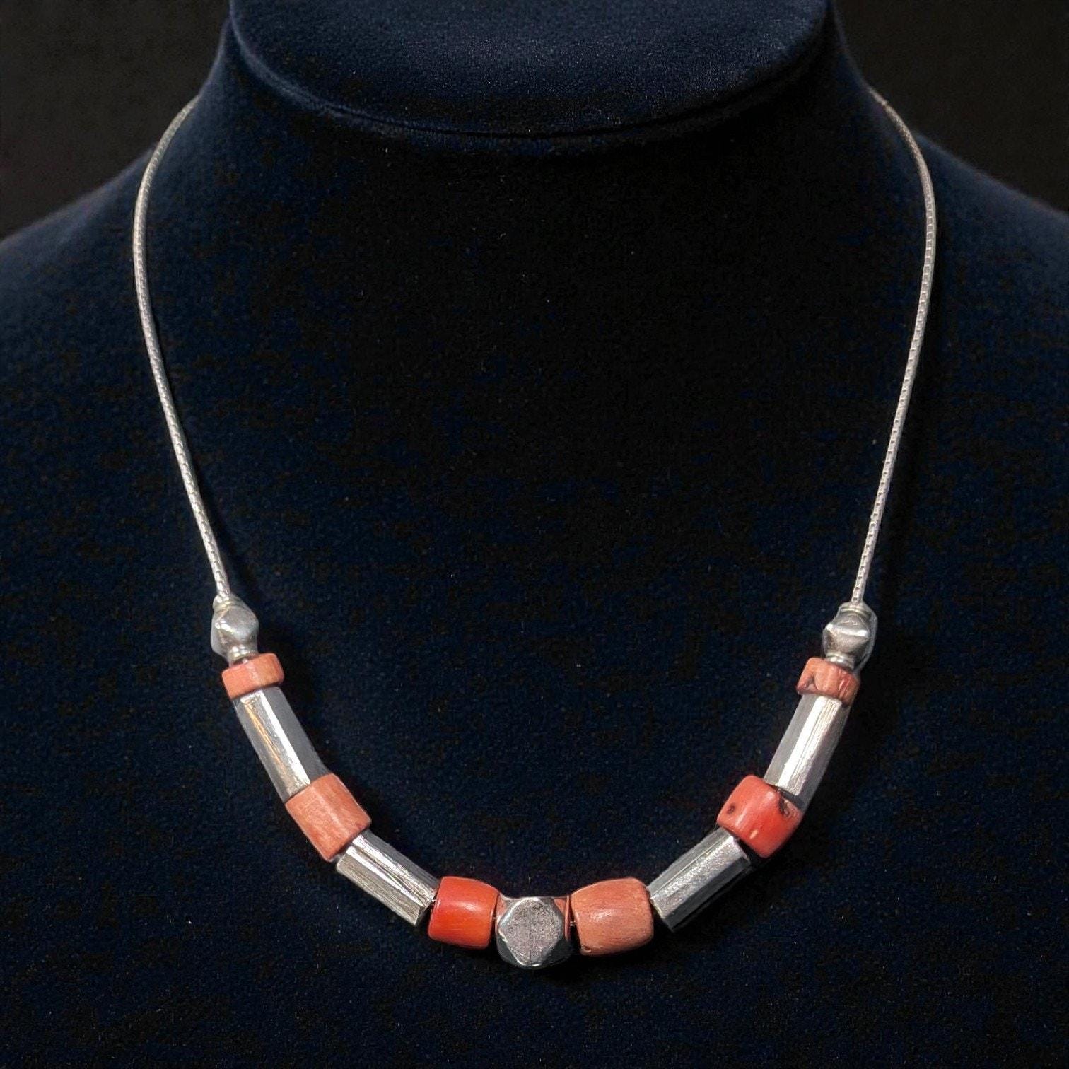Vintage Sterling Silver & Natural Coral Slide Bead Necklace, 16 Inch