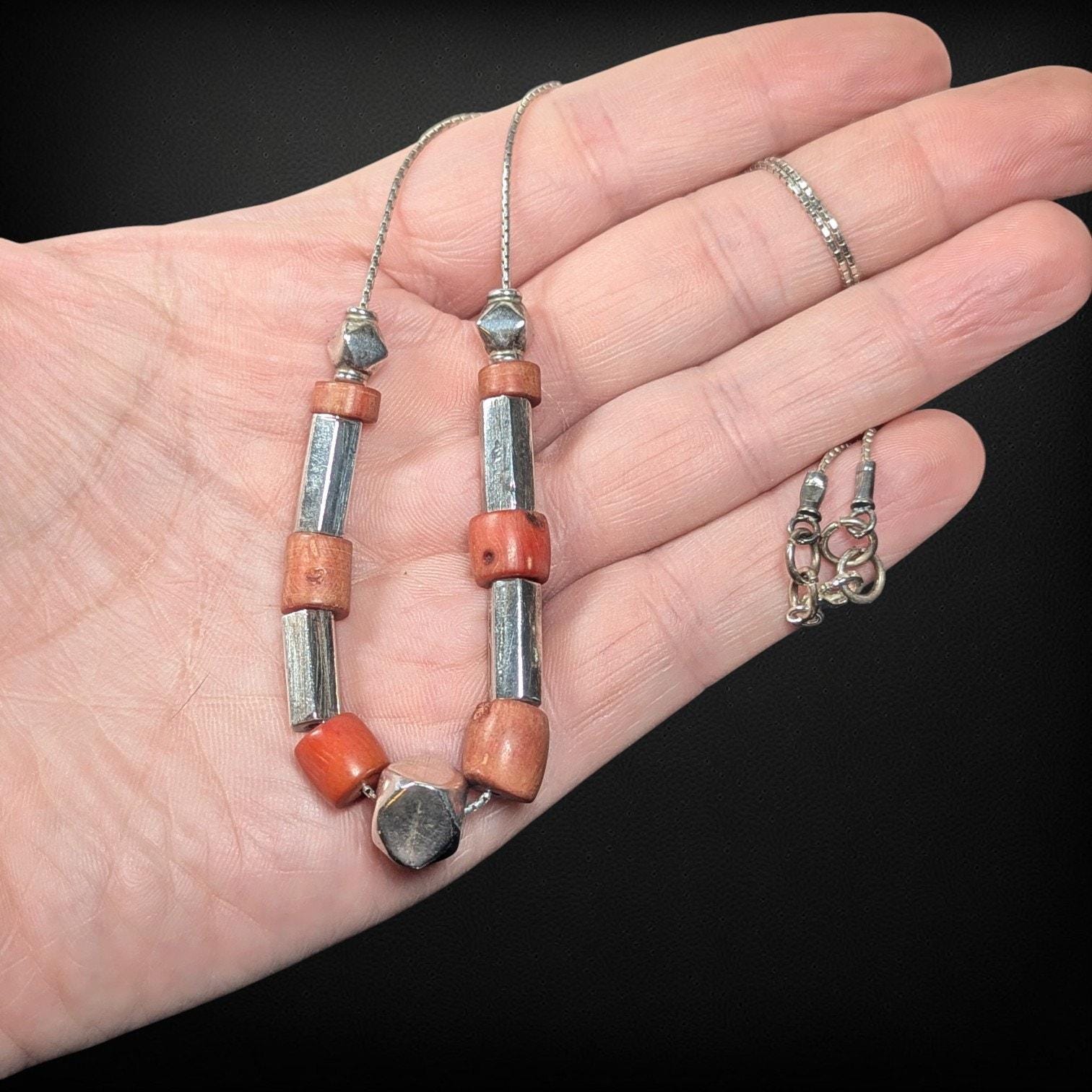 Vintage Sterling Silver & Natural Coral Slide Bead Necklace, 16 Inch