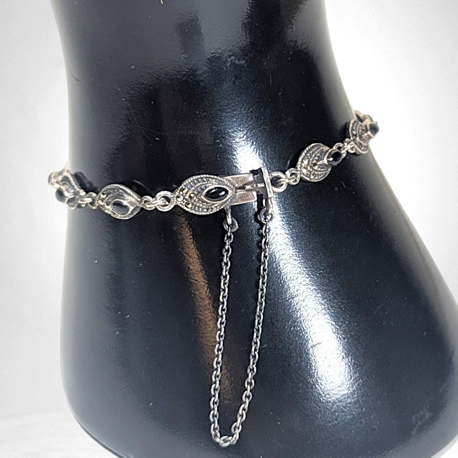 Vintage Sterling Marcasite & Onyx Art Deco Style Bracelet IBB 925