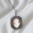 Antique Shell Cameo Necklace in Sterling & Marcasites, Edwardian Era