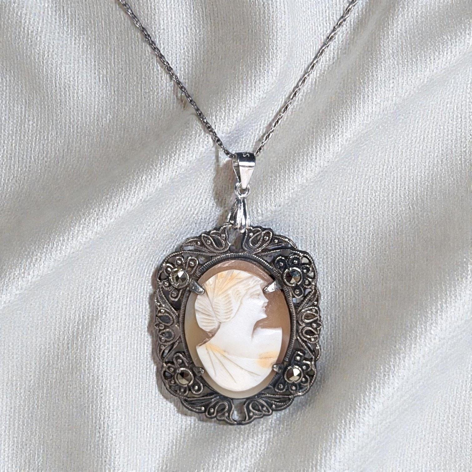 Antique Shell Cameo Necklace in Sterling & Marcasites, Edwardian Era