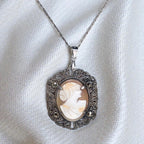 Antique Shell Cameo Necklace in Sterling & Marcasites, Edwardian Era