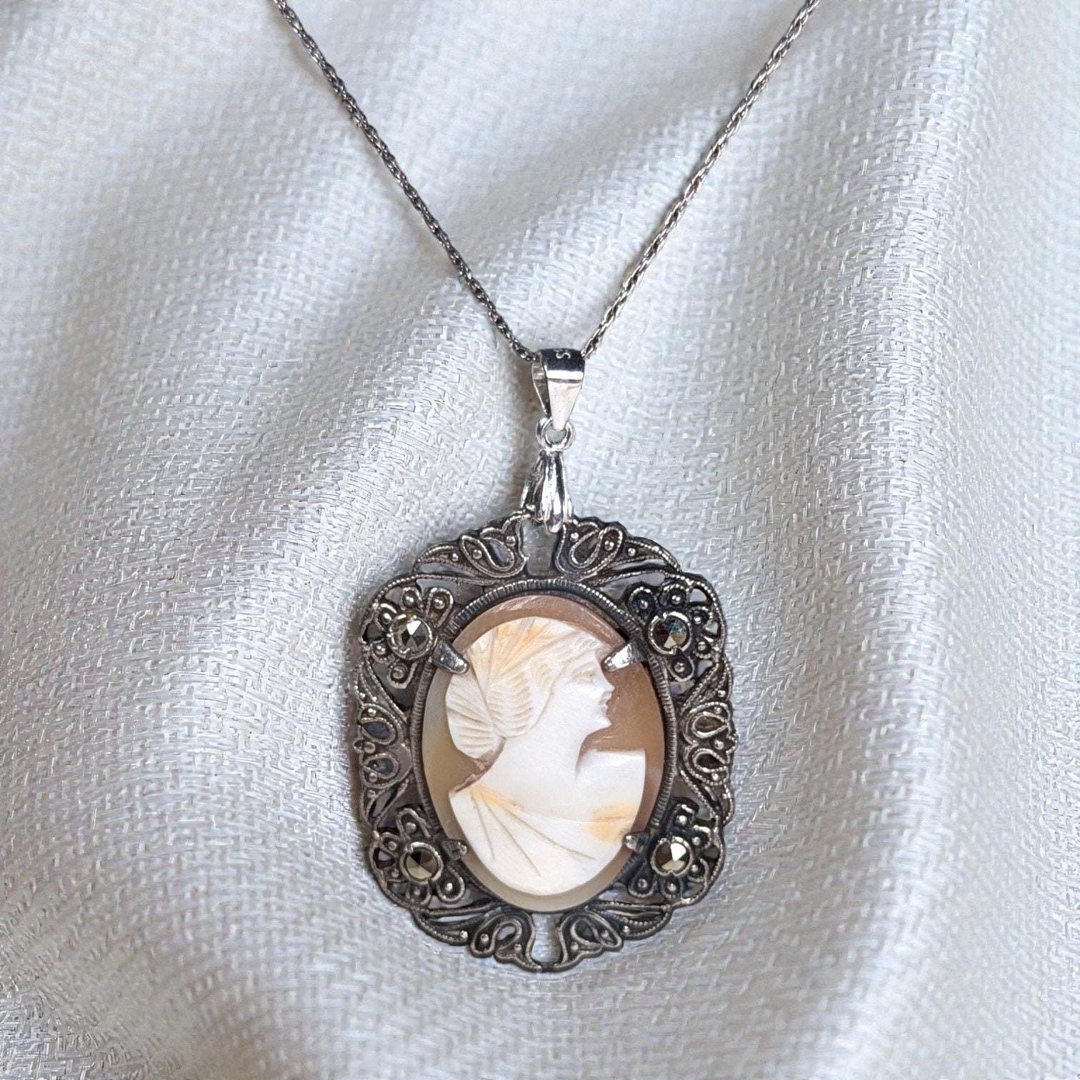 Antique Shell Cameo Necklace in Sterling & Marcasites, Edwardian Era