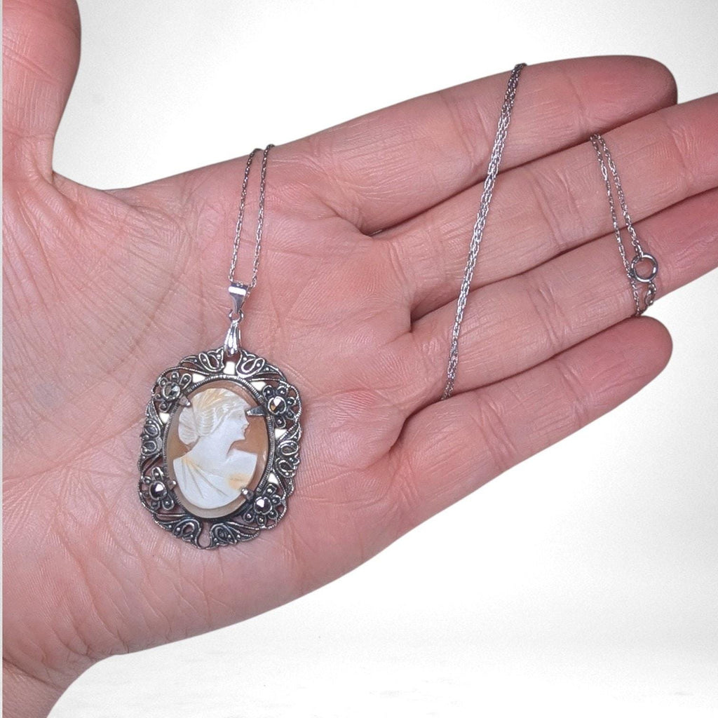 Antique Shell Cameo Necklace in Sterling & Marcasites, Edwardian Era