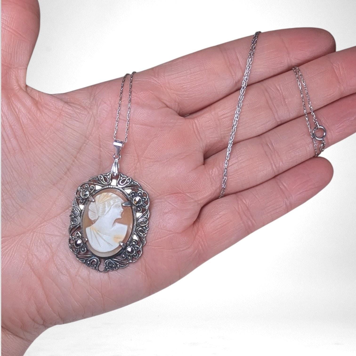 Antique Shell Cameo Necklace in Sterling & Marcasites, Edwardian Era