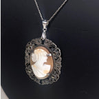 Antique Shell Cameo Necklace in Sterling & Marcasites, Edwardian Era