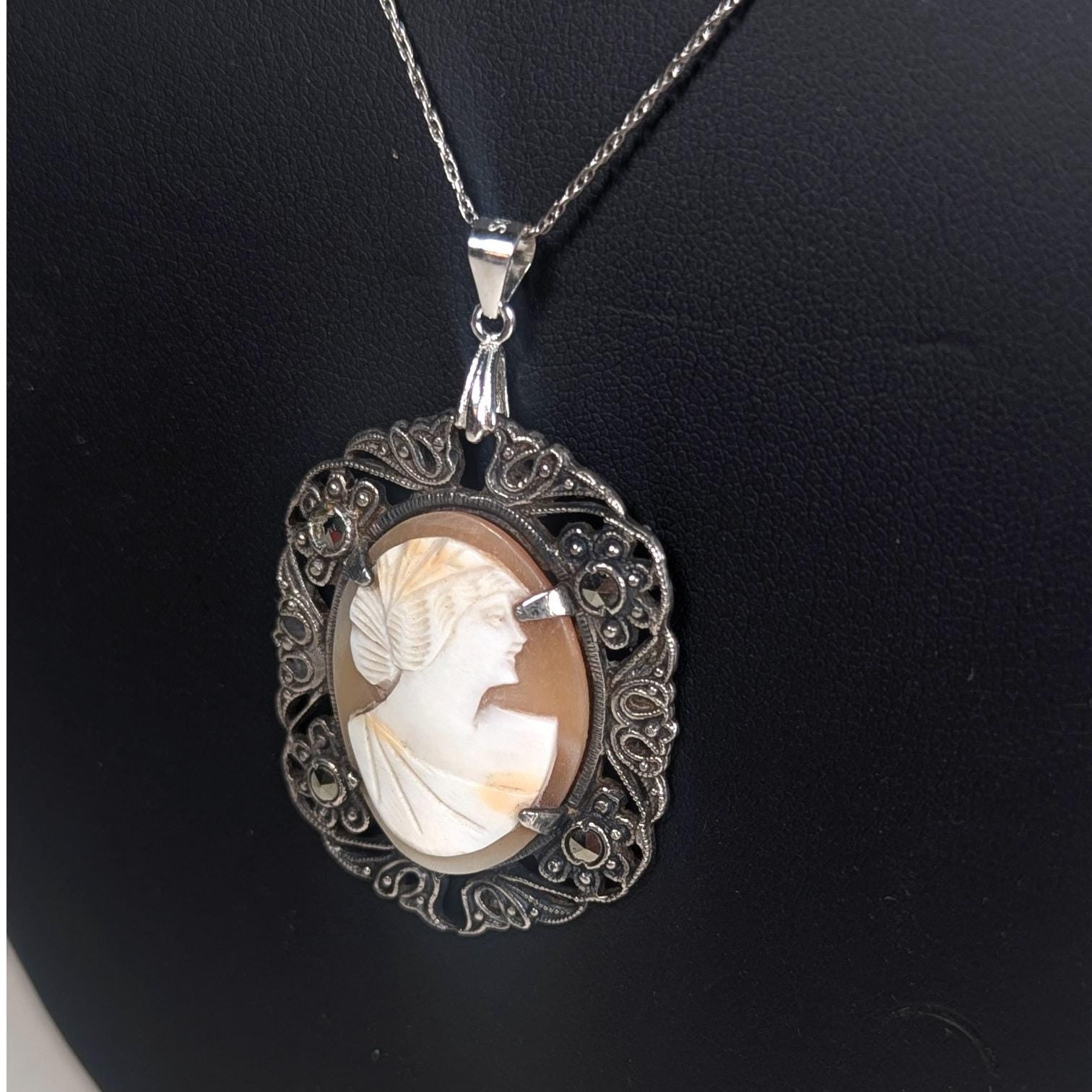 Antique Shell Cameo Necklace in Sterling & Marcasites, Edwardian Era