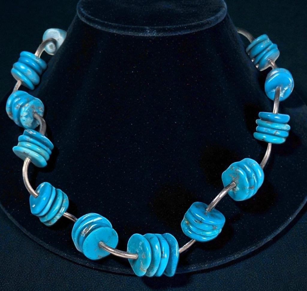 Vintage Sterling Silver & Turquoise Collar Necklace, Natural Stone, 16 Inch