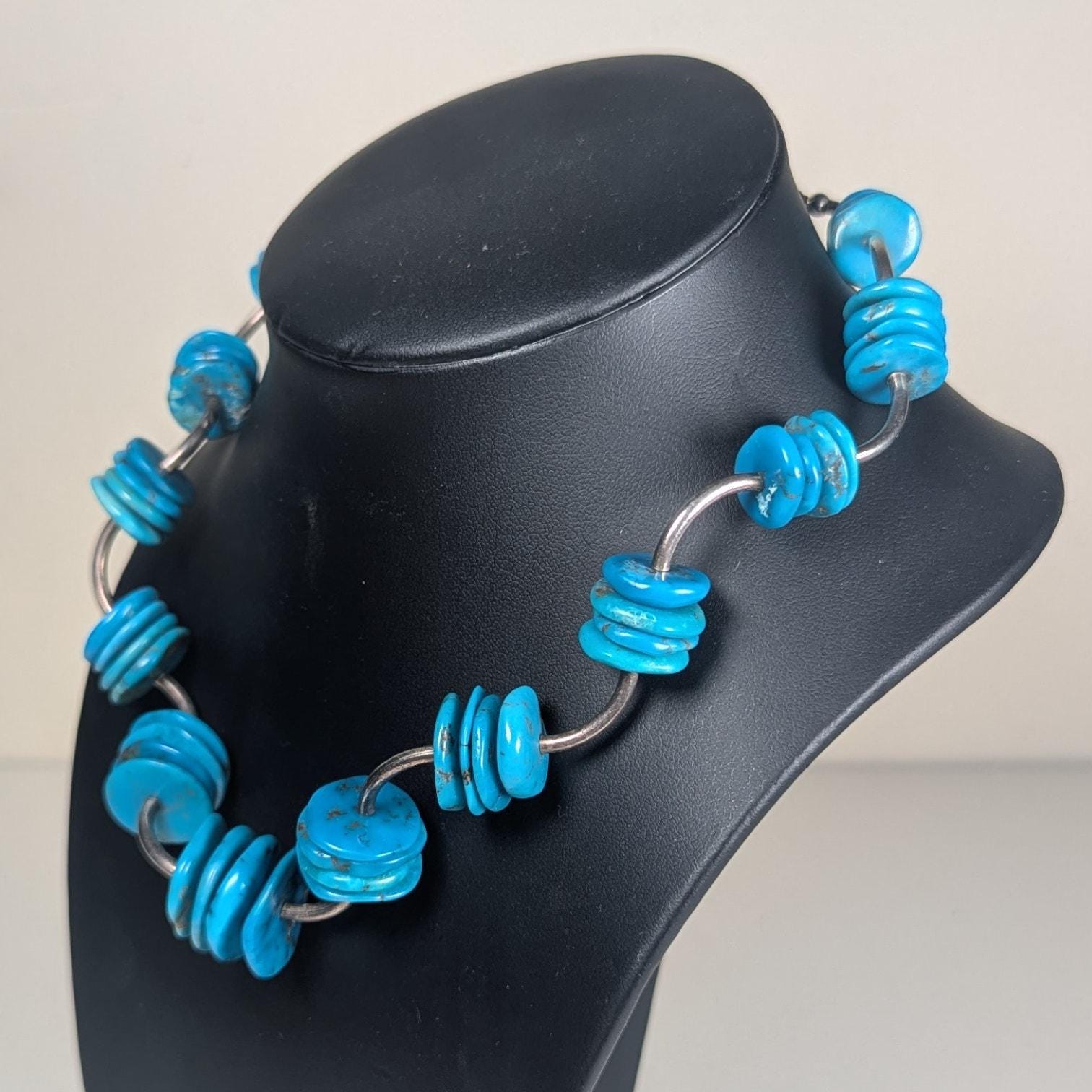 Vintage Sterling Silver & Turquoise Collar Necklace, Natural Stone, 16 Inch