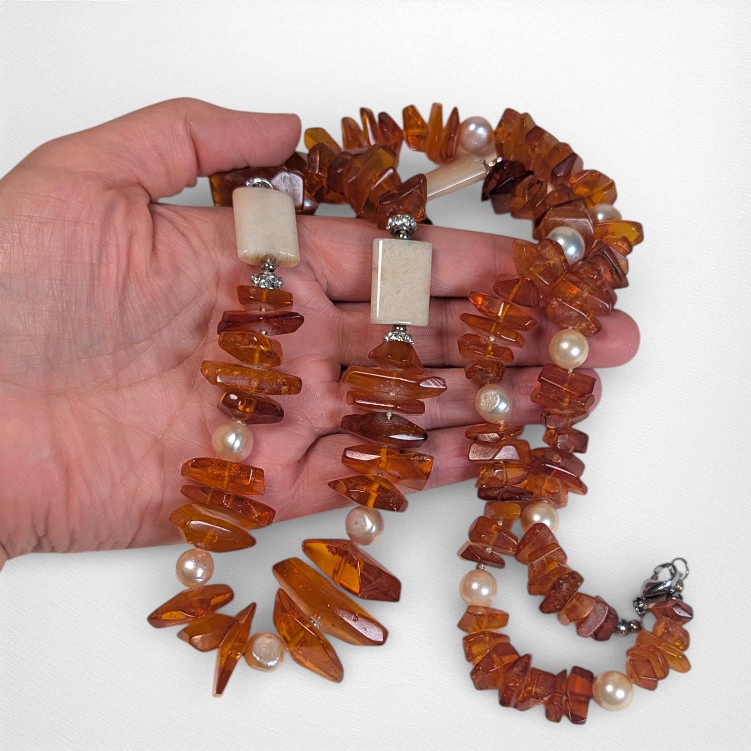 Vintage 34″ Graduated Bead Necklace with Amber, Agate and Freshwater Pearls