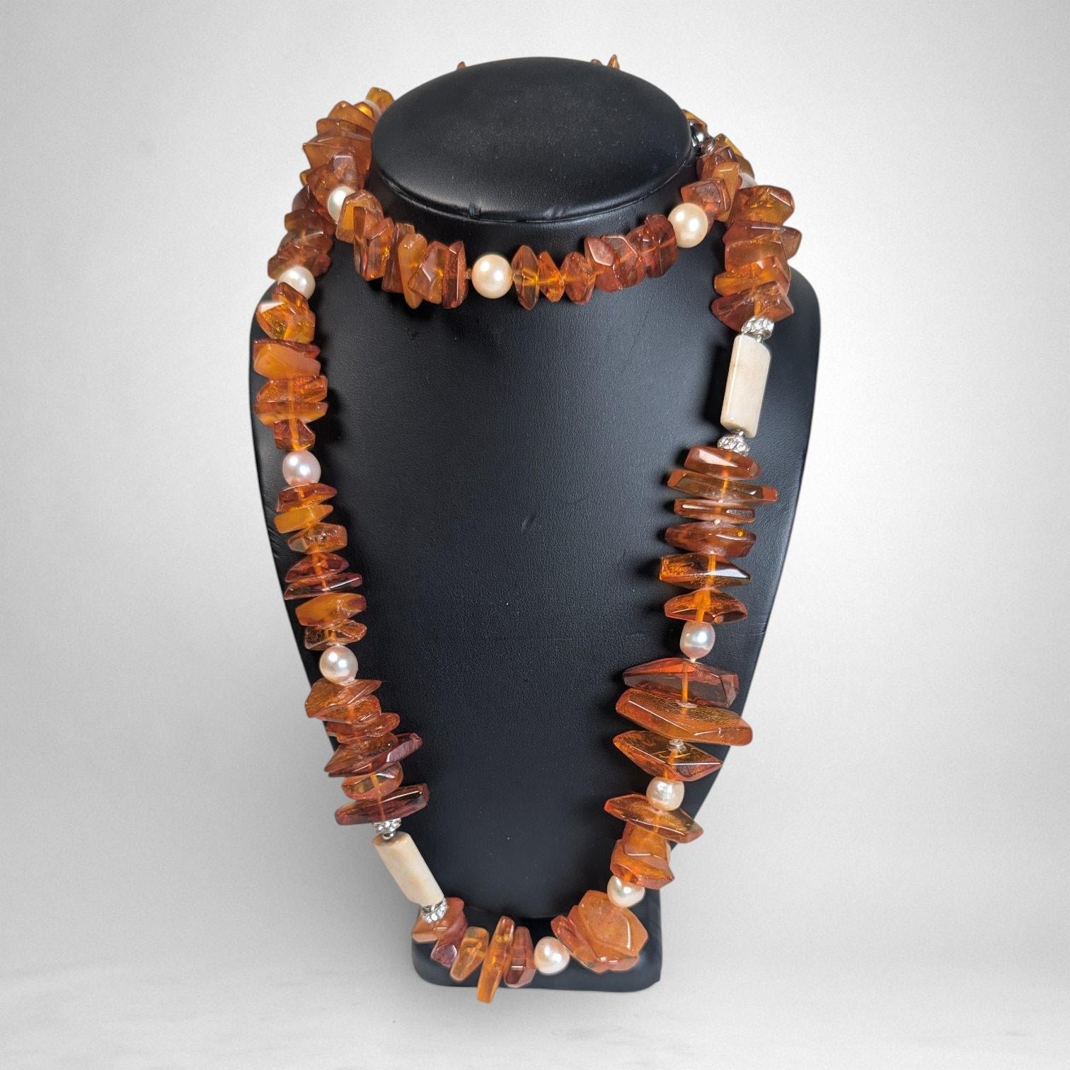 Vintage 34″ Graduated Bead Necklace with Amber, Agate and Freshwater Pearls
