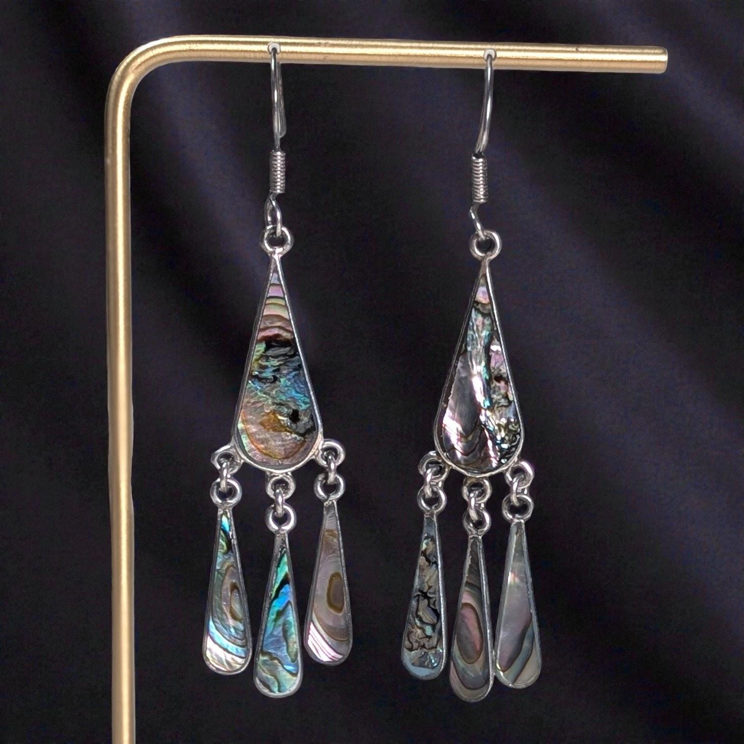 Vintage Mexican Sterling Abalone Chandelier Earrings, 925, 3″