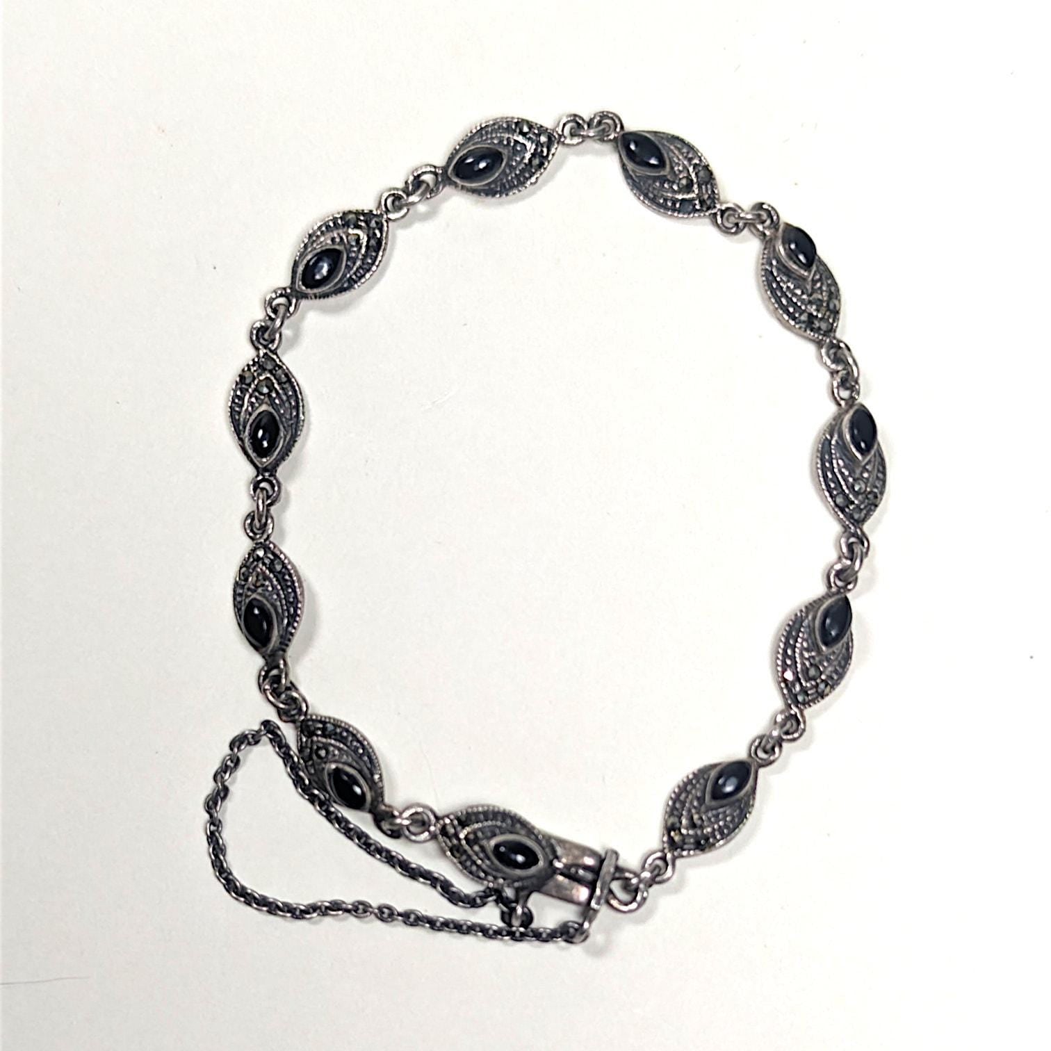 Vintage Sterling Marcasite & Onyx Art Deco Style Bracelet IBB 925