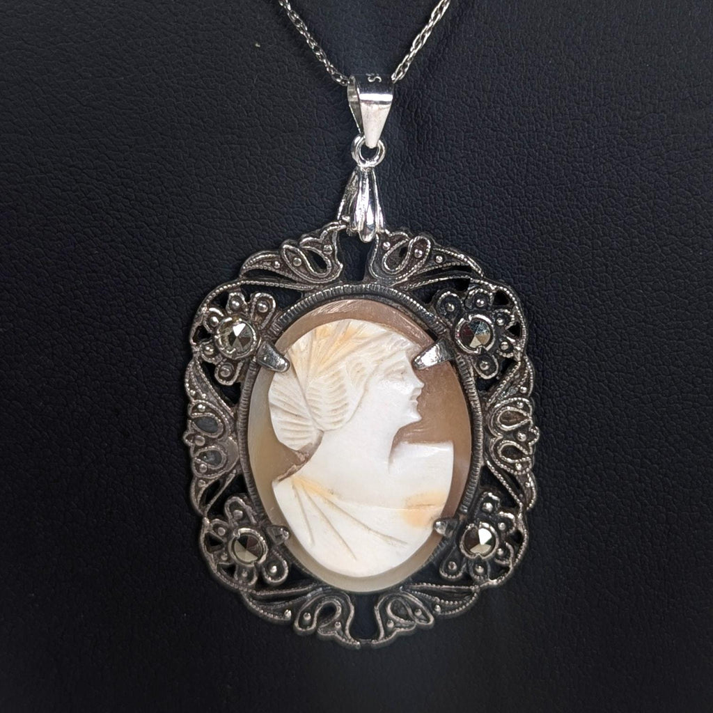 Antique Shell Cameo Necklace in Sterling & Marcasites, Edwardian Era
