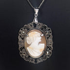 Antique Shell Cameo Necklace in Sterling & Marcasites, Edwardian Era