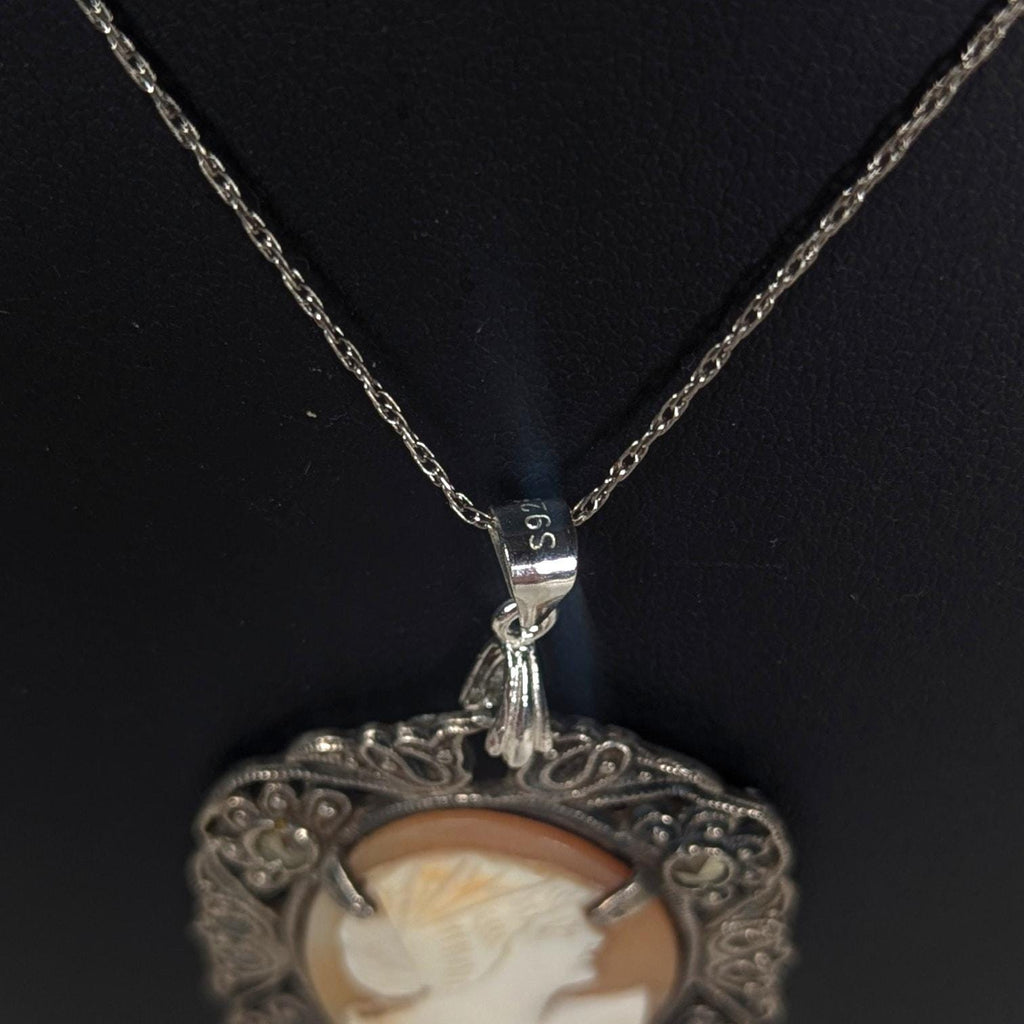 Antique Shell Cameo Necklace in Sterling & Marcasites, Edwardian Era