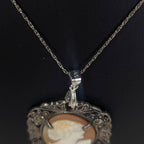 Antique Shell Cameo Necklace in Sterling & Marcasites, Edwardian Era