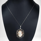 Antique Shell Cameo Necklace in Sterling & Marcasites, Edwardian Era